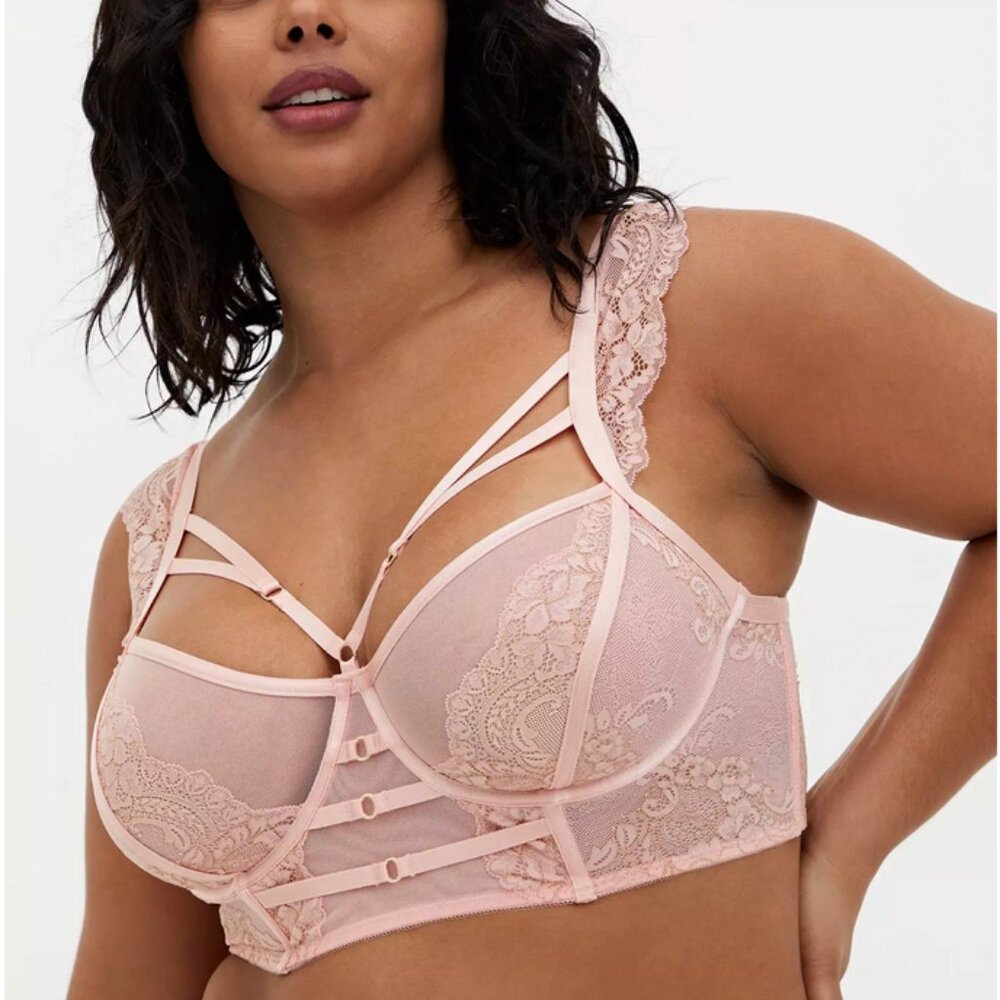 Torrid SALE! Pink Lace & Mesh Strappy Longline Underwire Bra Romantic size 1/ 1X